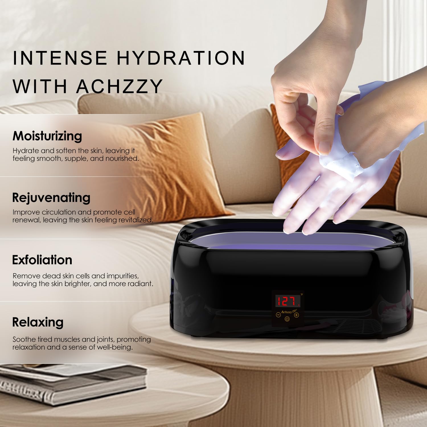 Hand immersion demonstration inside the illuminated digital paraffin wax bath chamber
