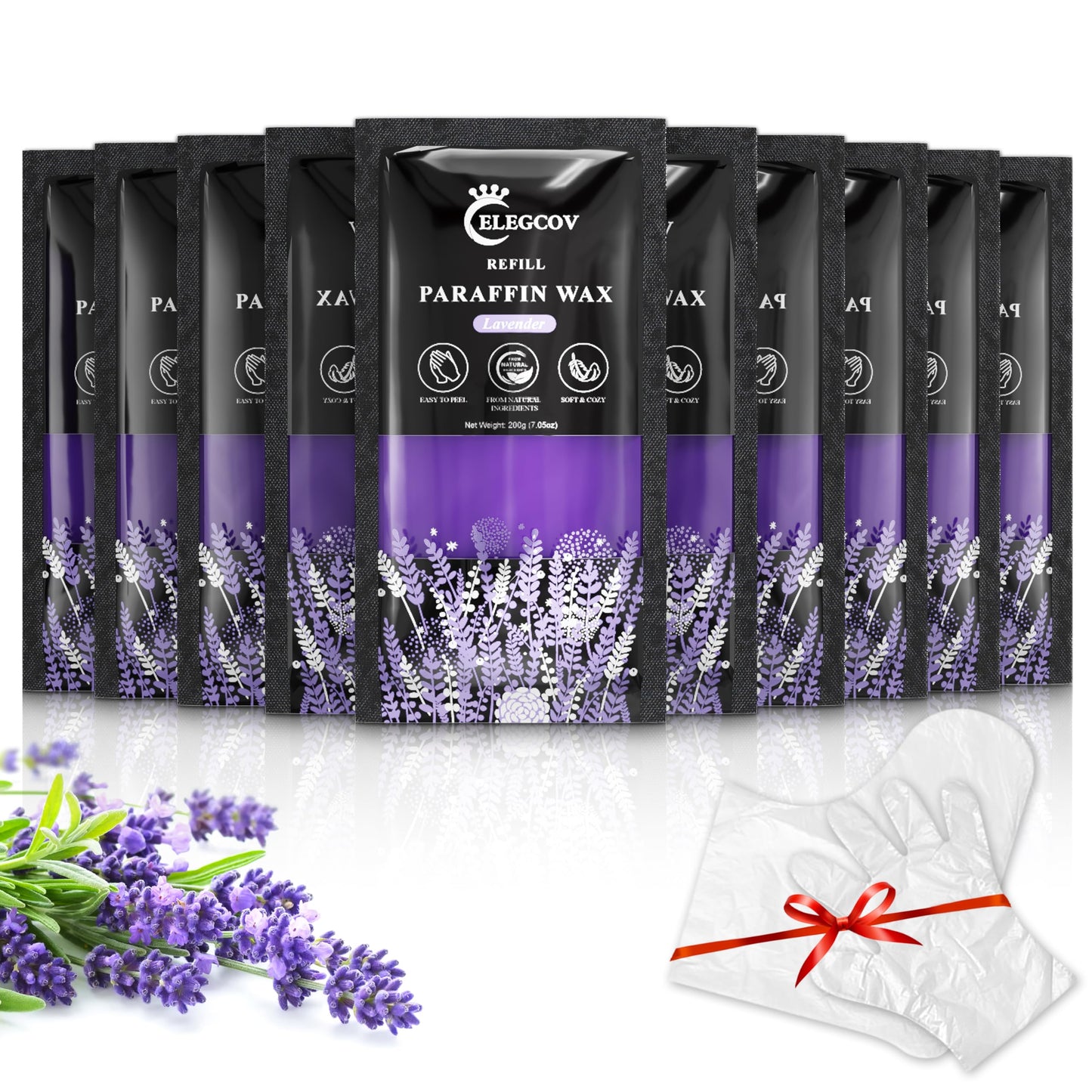 Full set of ten individual lavender wax blocks stacked together for home spa storage.