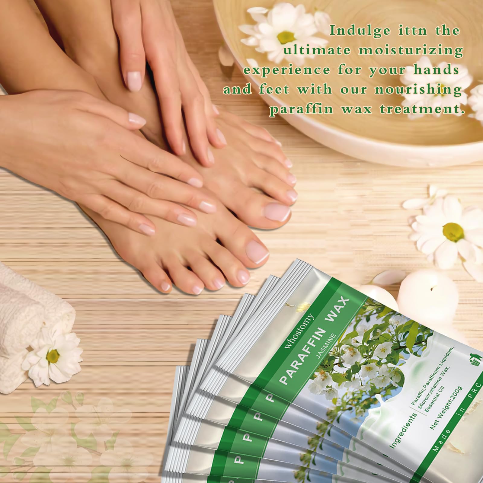 Premium Whostomy paraffin wax treatment being applied to dry hands and feet