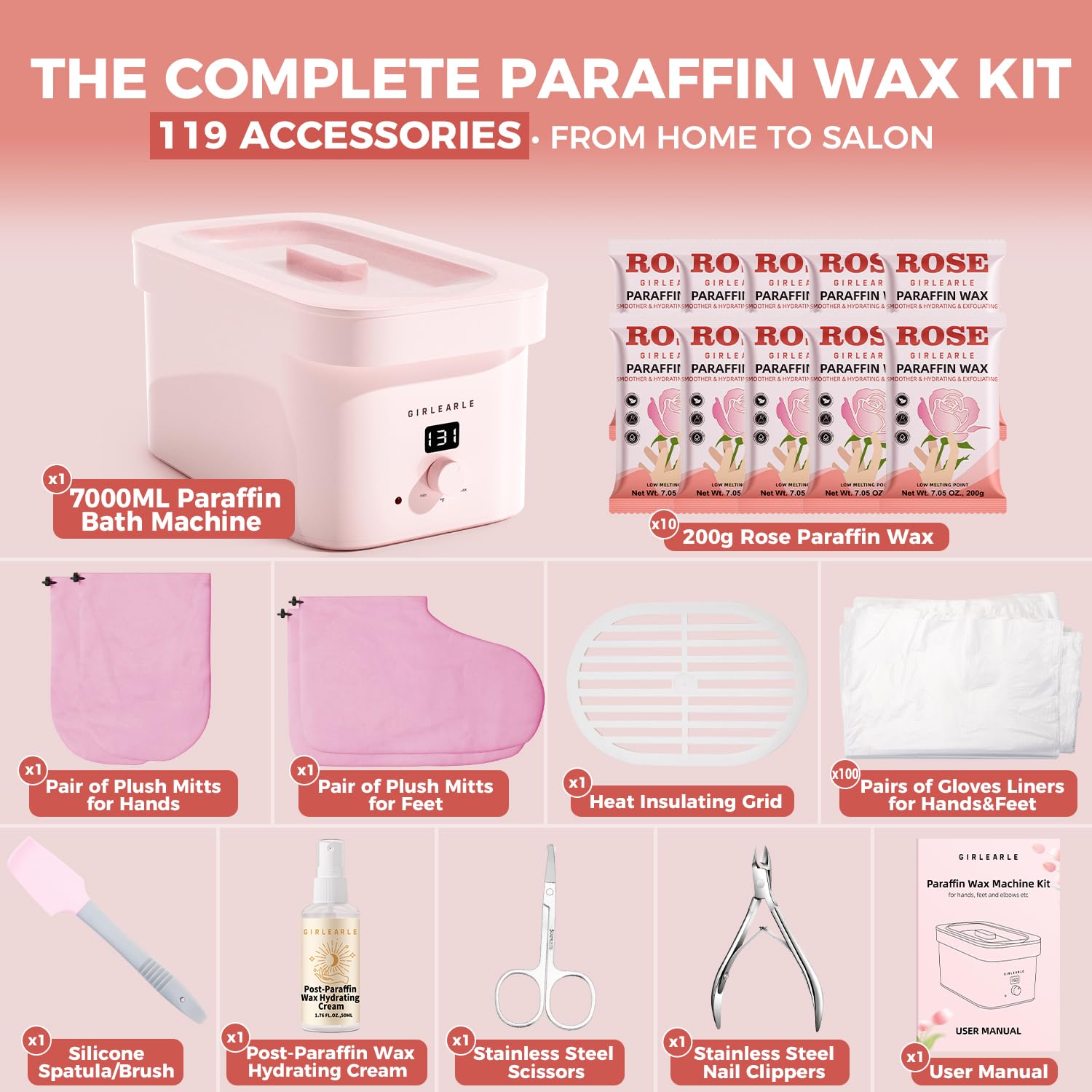 GIRLEARLE professional thermal therapy wax bath with rose infused paraffin wax blocks alongside.