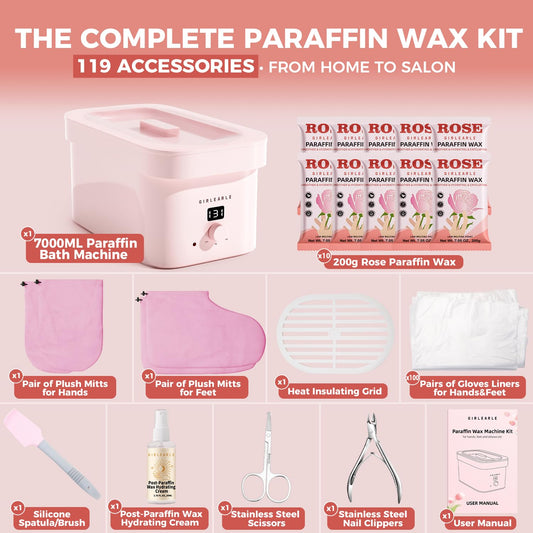 GIRLEARLE professional thermal therapy wax bath with rose infused paraffin wax blocks alongside.