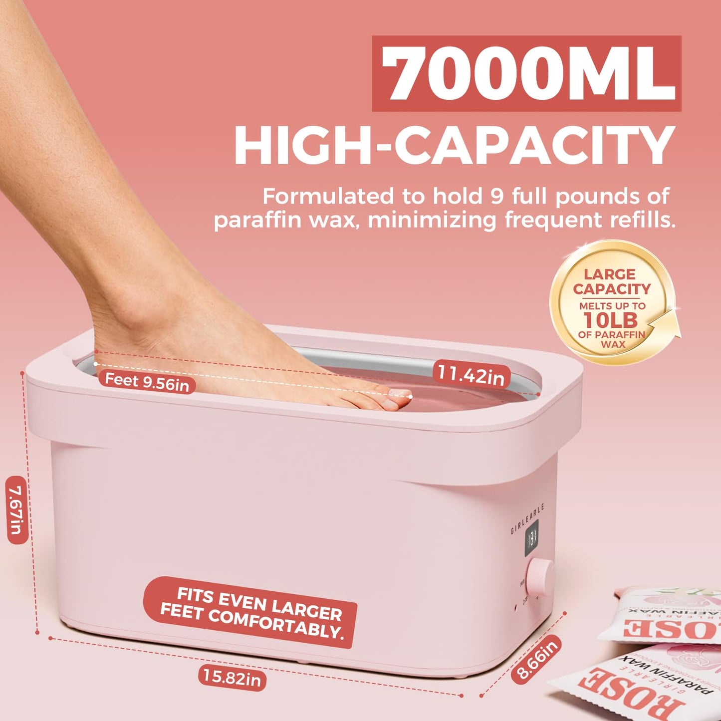 A hand being dipped into the pink GIRLEARLE seven thousand milliliter paraffin wax warmer machine.