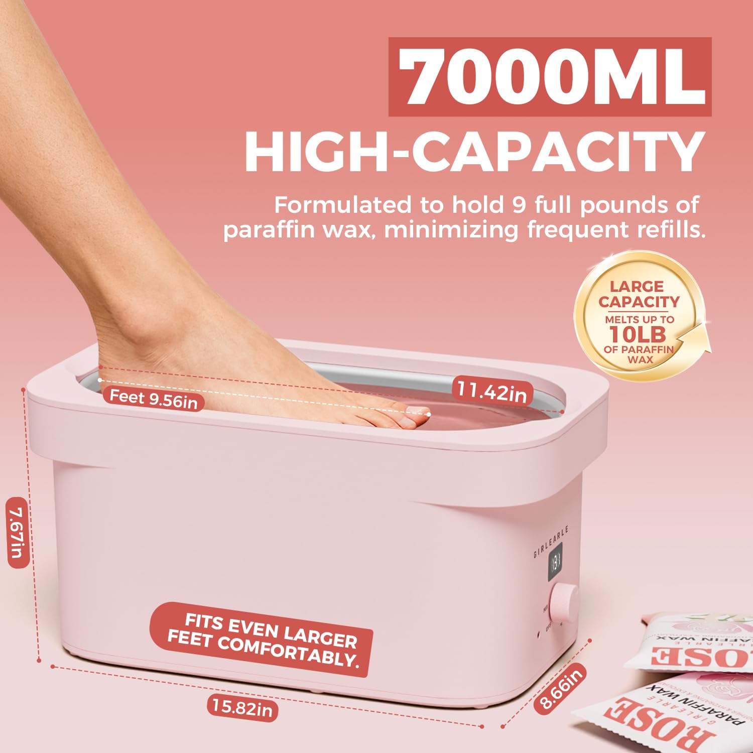 A hand being dipped into the pink GIRLEARLE seven thousand milliliter paraffin wax warmer machine.