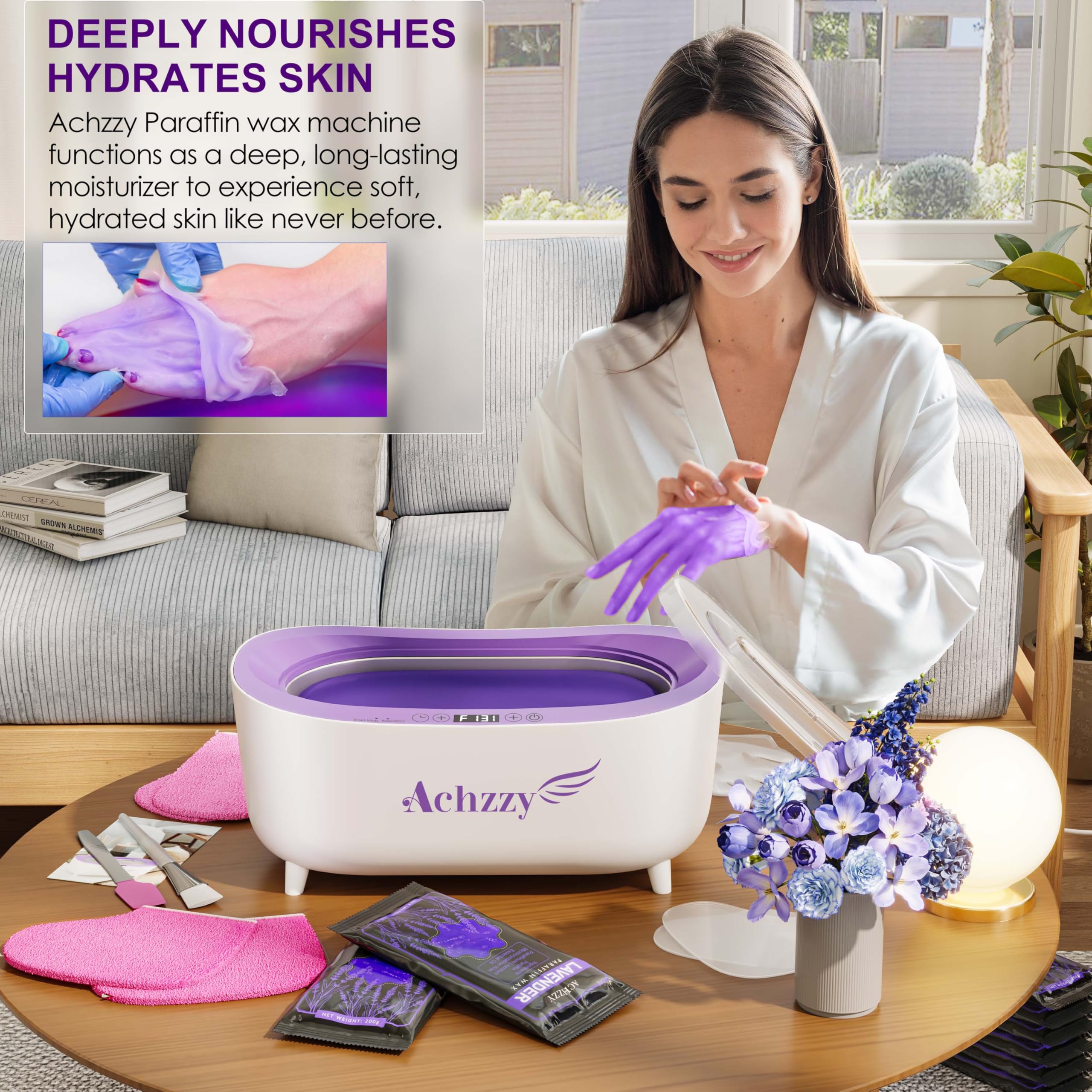 Achzzy thermal therapy wax machine showing a foot being treated in the large basin.