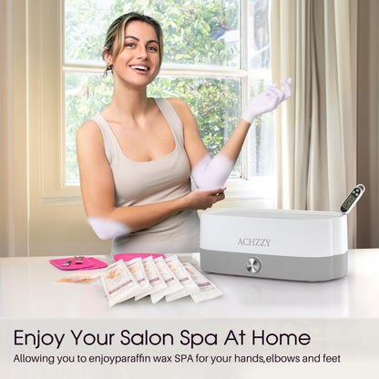 Peeling away a layer of cooled paraffin wax from treated hands to reveal deeply hydrated soft skin.