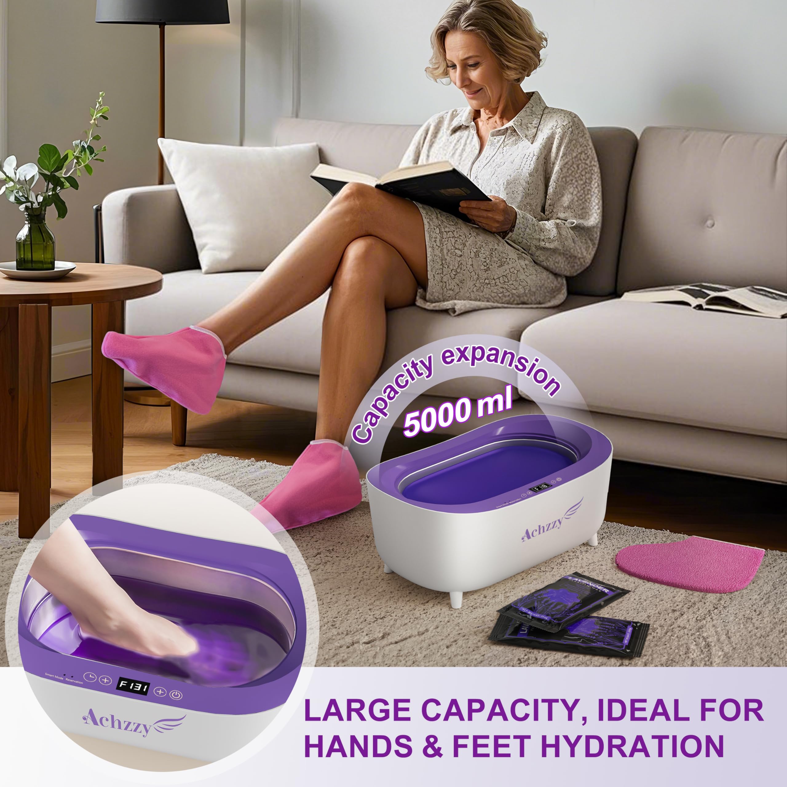 Achzzy smart heating wax machine alongside included unscented paraffin refills.