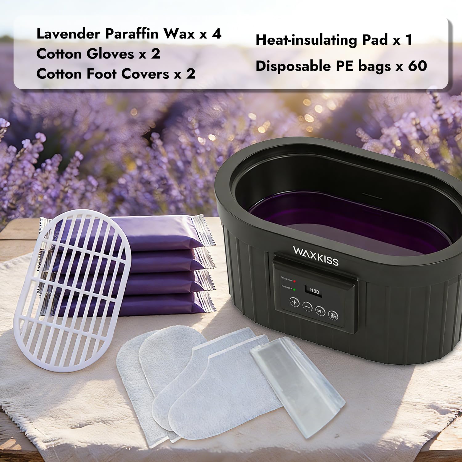 Waxkiss thermal wax bath system with included lavender and peach paraffin wax blocks for home spa treatment.
