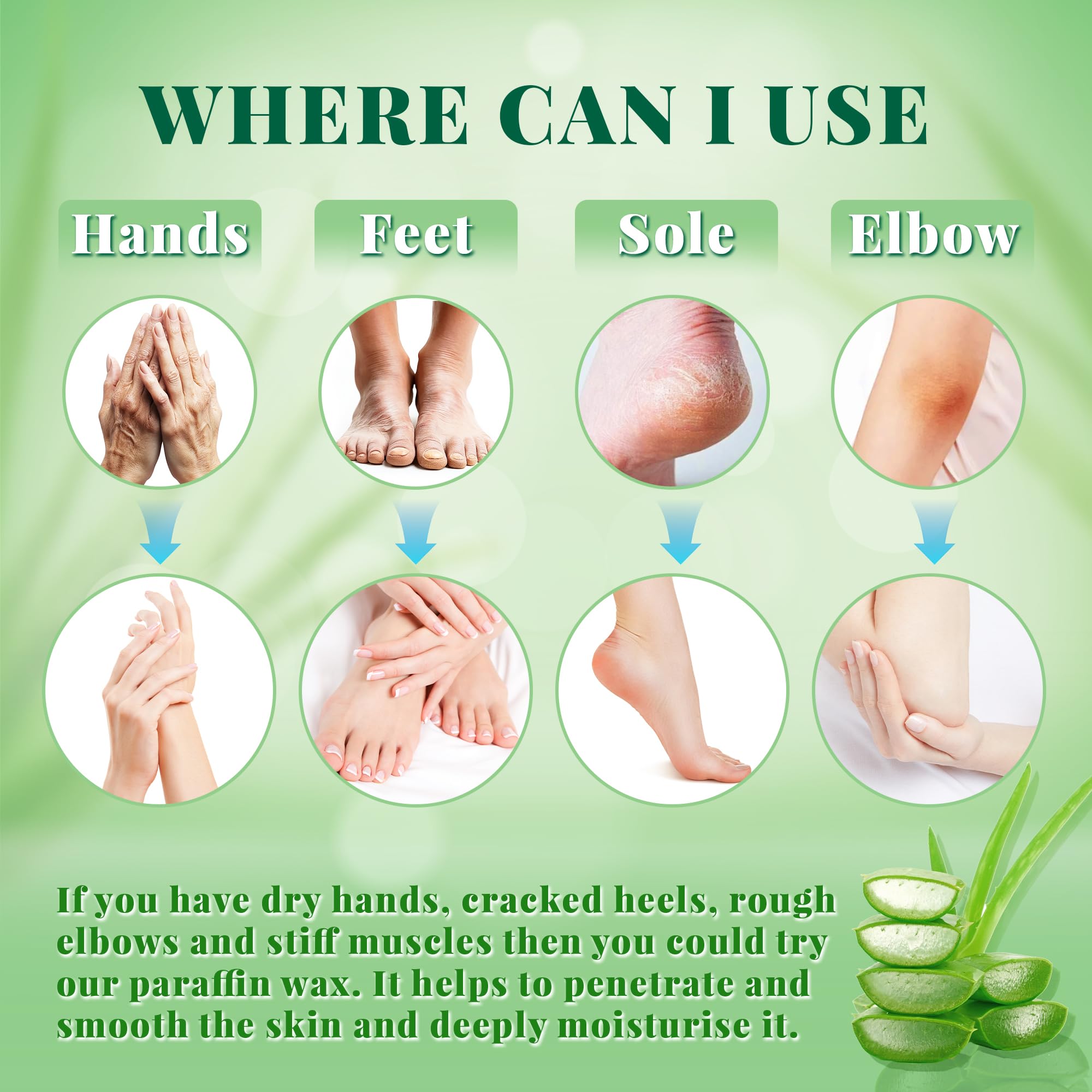 Aloe vera infused paraffin wax being applied to a foot for deep moisturizing and skin protection.