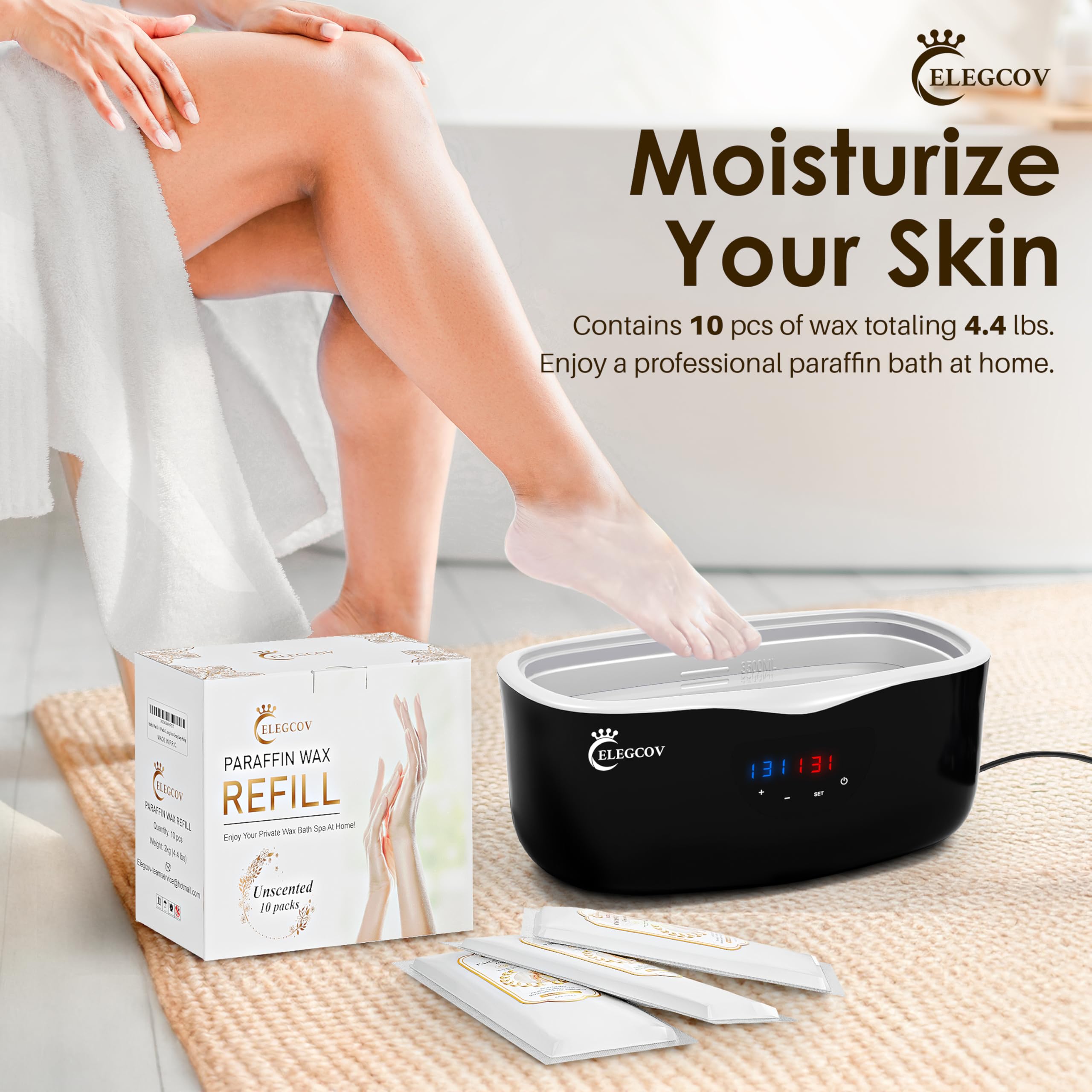 Unscented paraffin wax blocks being placed into a salon style wax bath warmer machine