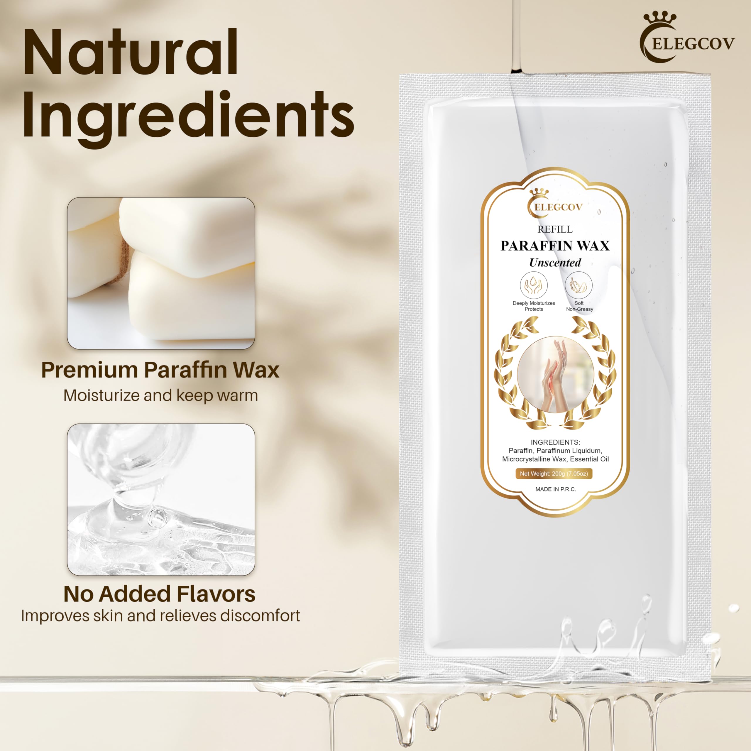 Therapeutic warmth application with liquid paraffin wax coating on a human hand