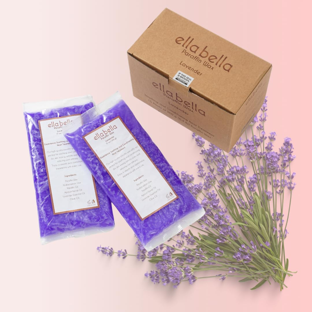 Ella Bella lavender scented paraffin wax blocks being placed into a thermal bath machine for deep moisturizing treatment.