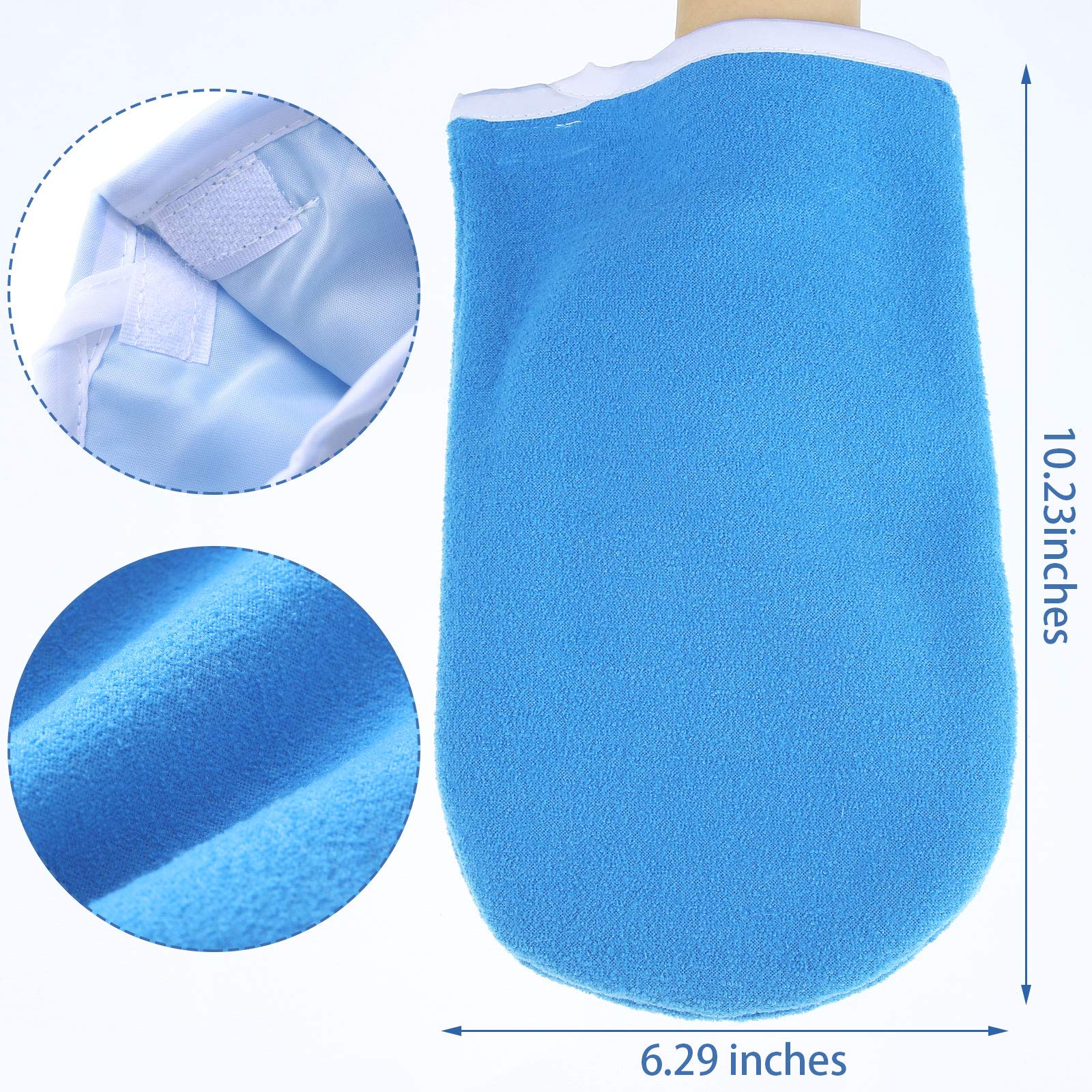 Blue terry cloth insulated gloves showing the adjustable hook and loop tape closure system.