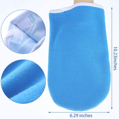 Blue terry cloth insulated gloves showing the adjustable hook and loop tape closure system.