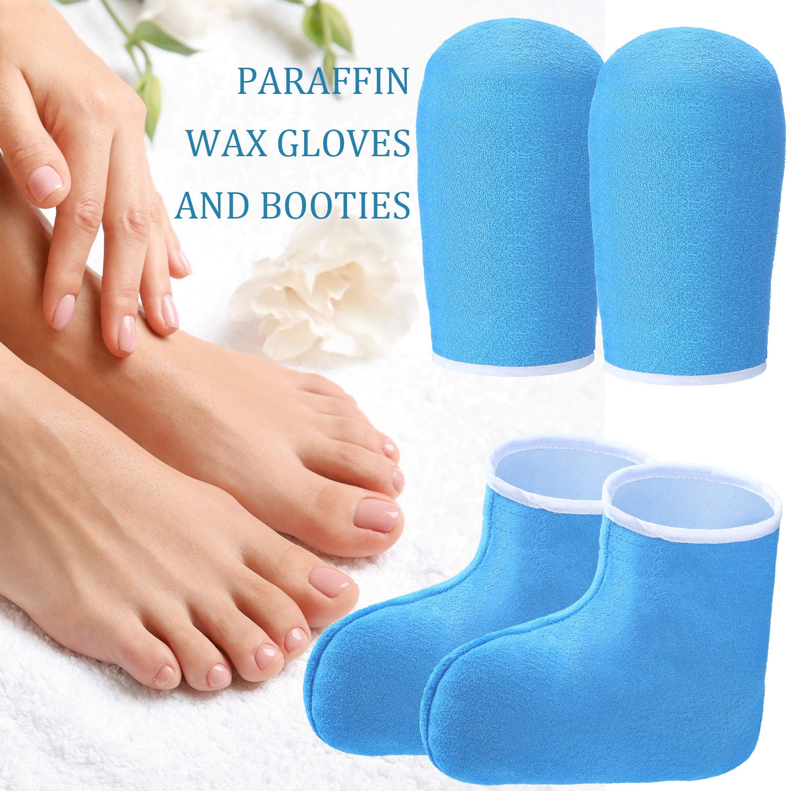 Blue reusable paraffin wax accessories laid flat showing the complete premium salon set.