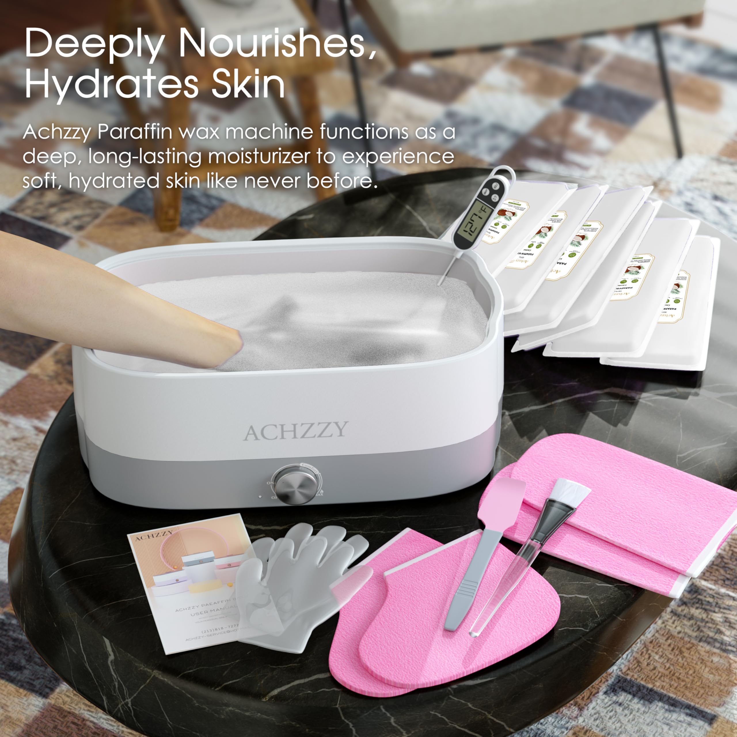 Twelve individual packs of Achzzy coconut paraffin wax for salon quality foot care
