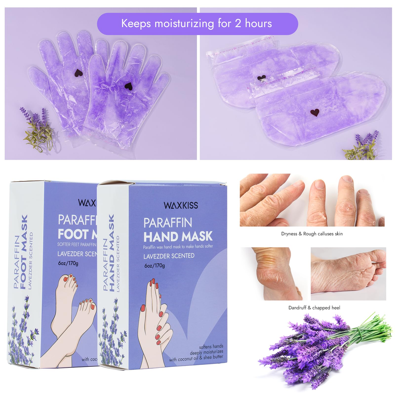 Wewax purple paraffin treatment set packaging displaying hand and foot moisturizing benefits