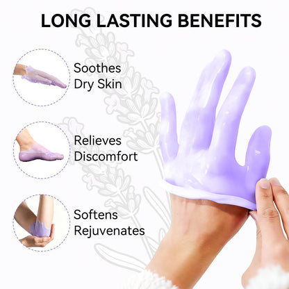 Thermal spa mitts and plastic liners being used for hand paraffin treatment