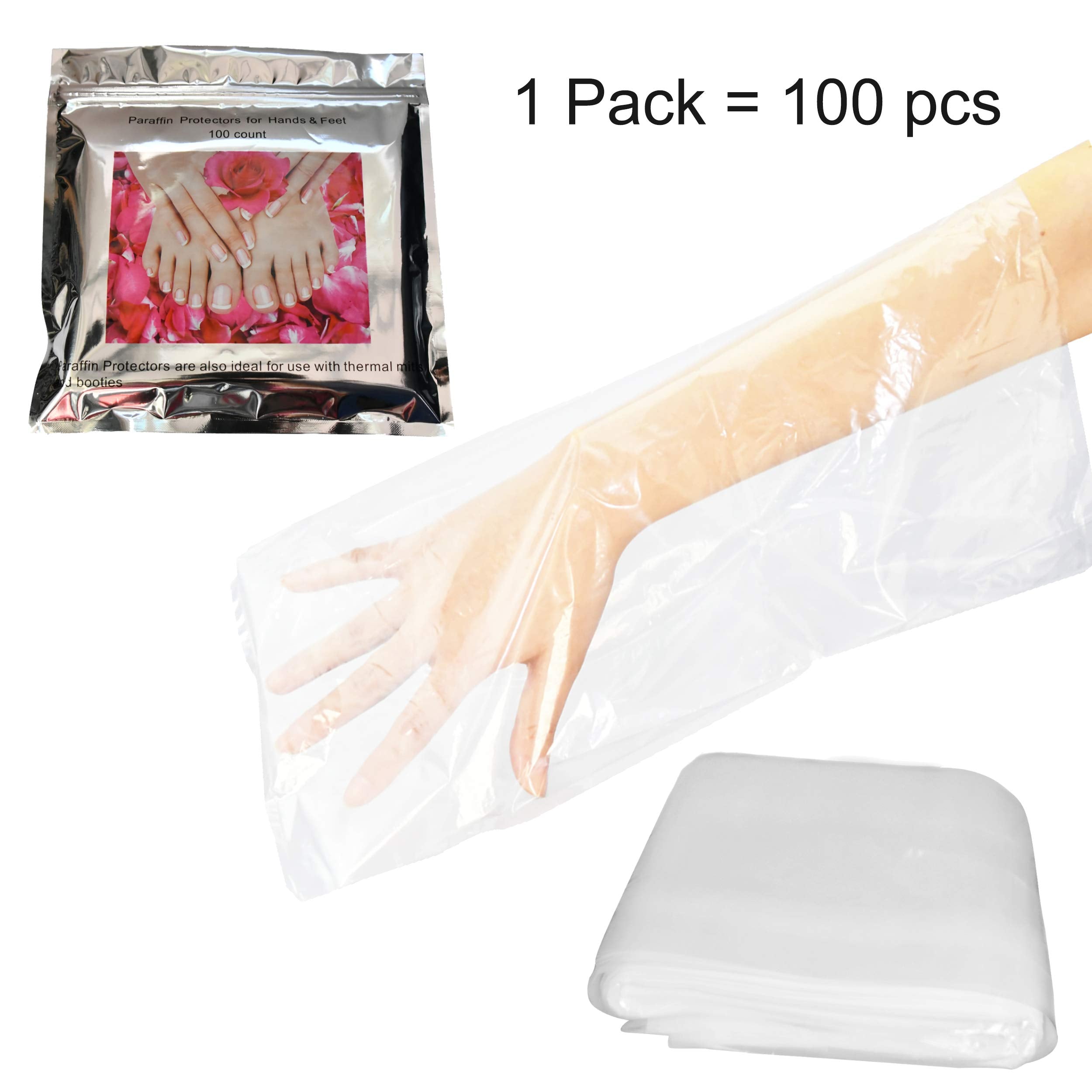 Disposable plastic liners for paraffin wax therapy applied on a hand to lock in moisture.