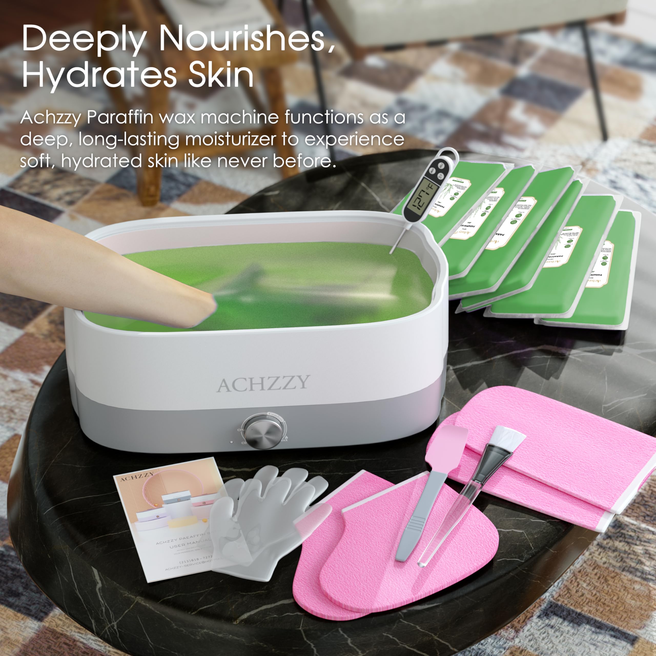 Deep hydration paraffin wax treatment on human hands showing the peeling process of the cooled wax layer