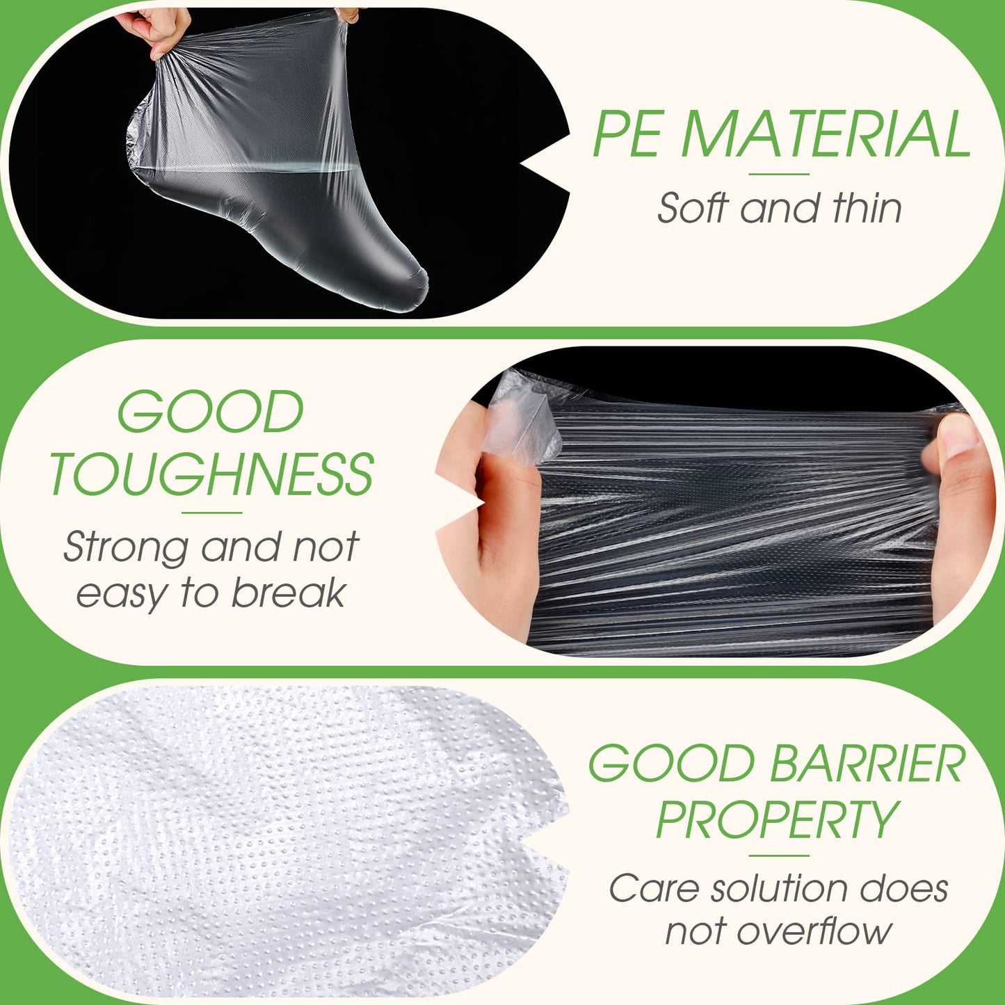 Heavy duty waterproof polyethylene foot covers protecting feet during a heated paraffin wax bath session