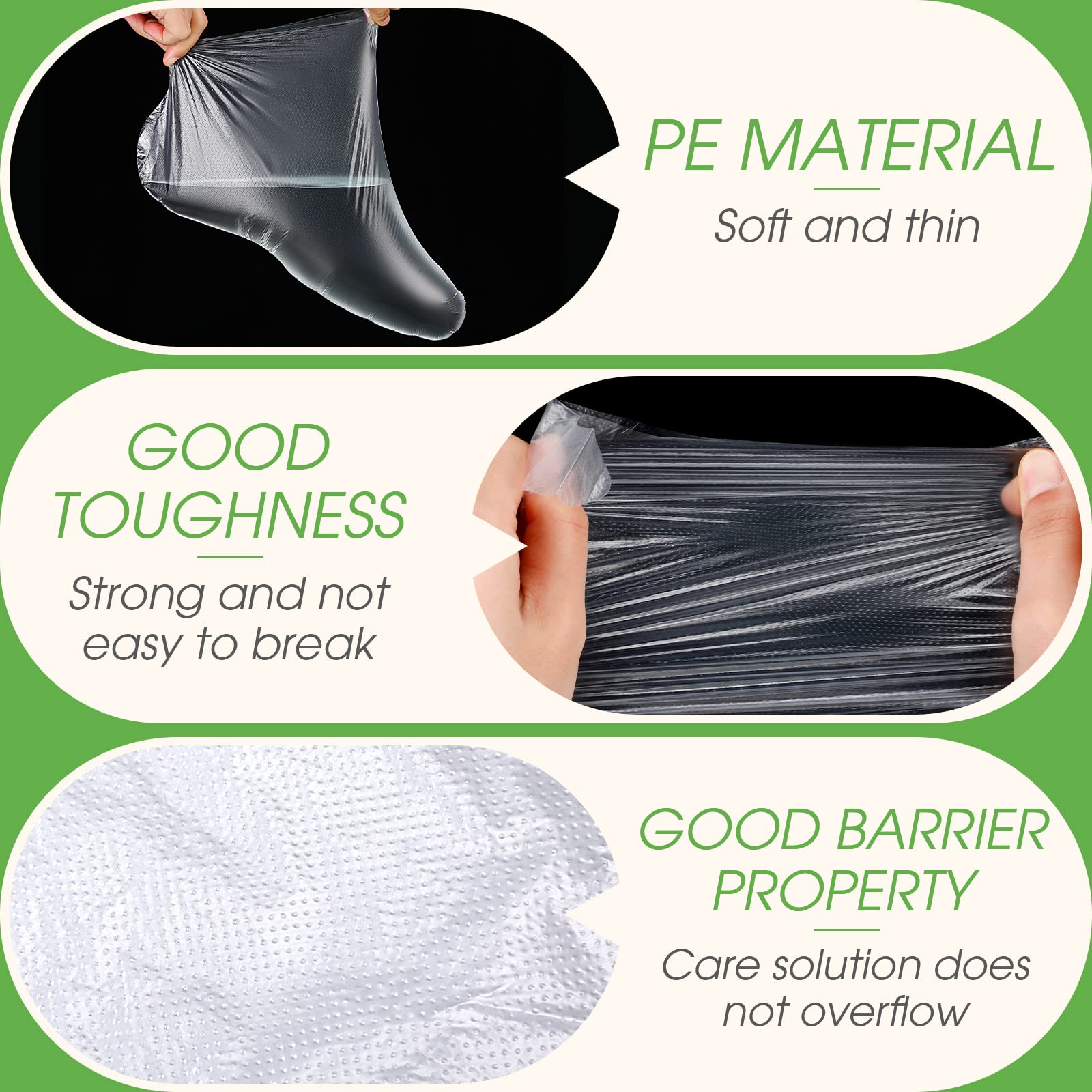 Heavy duty waterproof polyethylene foot covers protecting feet during a heated paraffin wax bath session