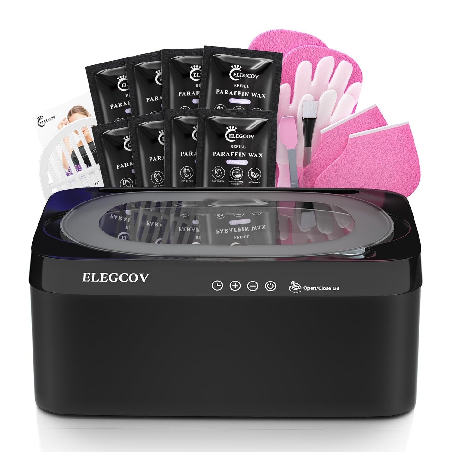 Complete ELEGCOV paraffin wax kit contents including liners and accessories