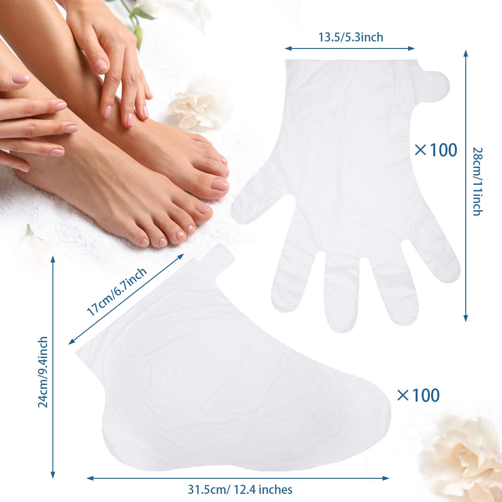 One hundred counts of disposable plastic gloves included in the Geyoga paraffin therapy package