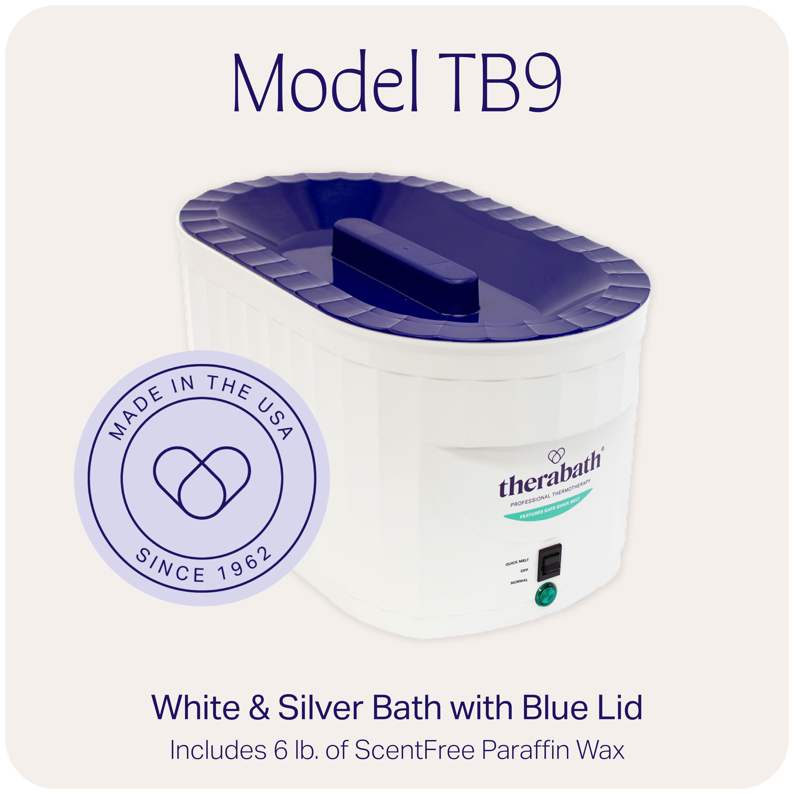 Therabath TB9 paraffin heat therapy machine with the lid open revealing the premium anodized aluminum inner tank