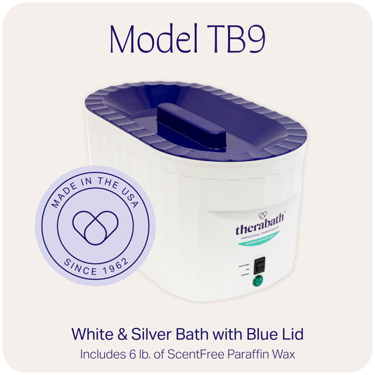 Therabath TB9 paraffin heat therapy machine with the lid open revealing the premium anodized aluminum inner tank