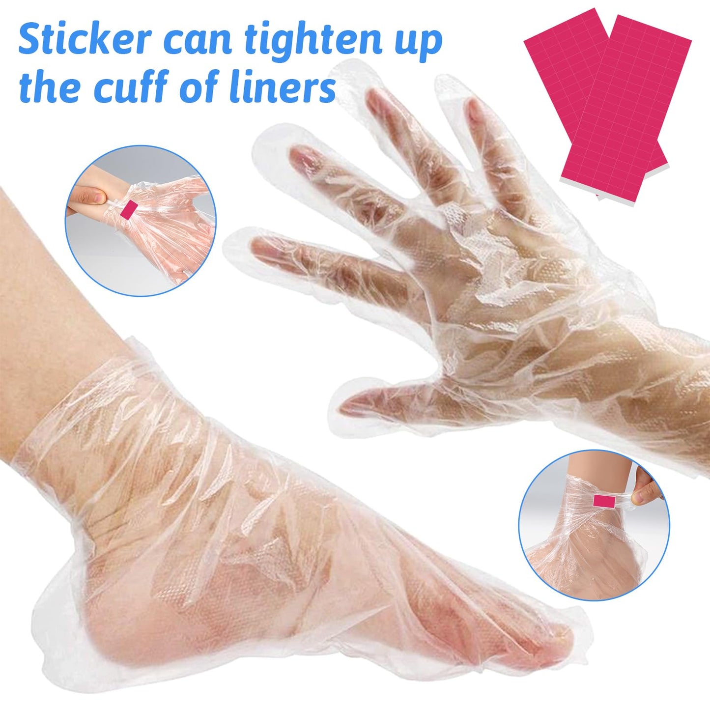 Transparent disposable plastic foot covers being secured at the ankle with an adhesive sticker for a pedicure session.