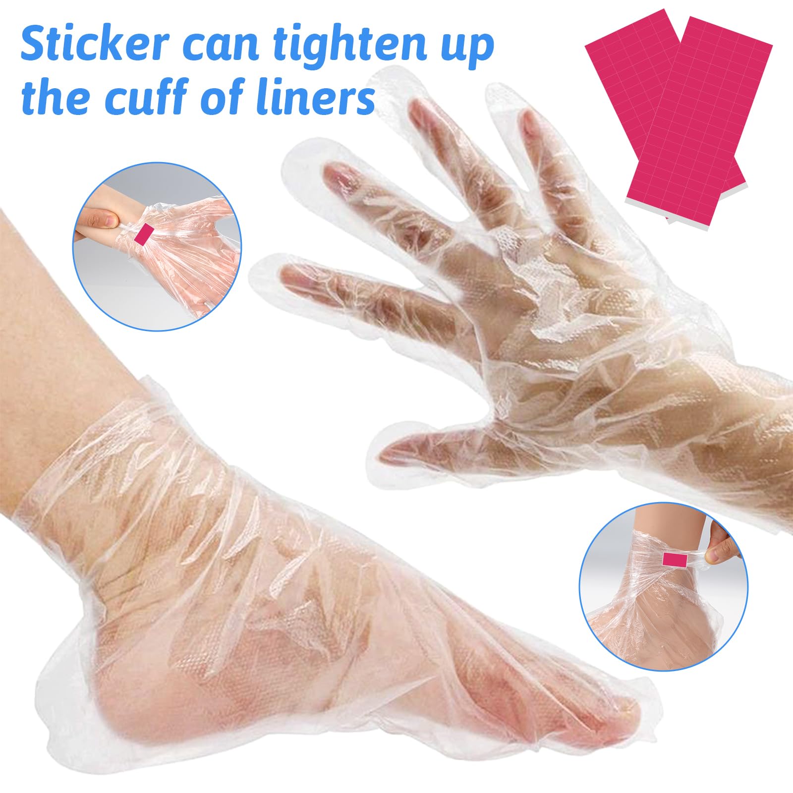 Transparent disposable plastic foot covers being secured at the ankle with an adhesive sticker for a pedicure session.
