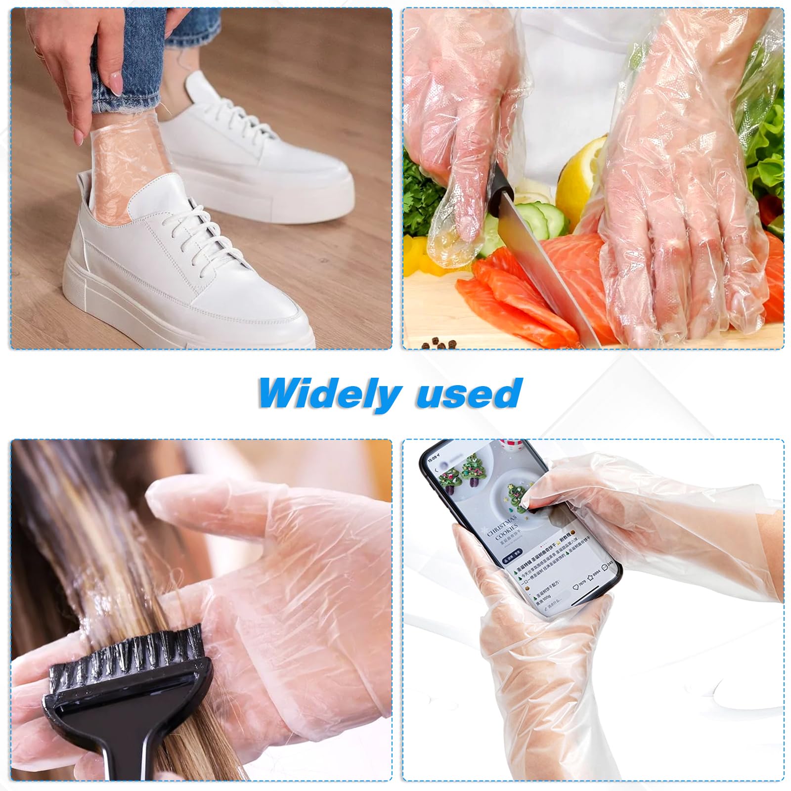 Thick waterproof polyethylene disposable hand gloves displayed flat to show the universal size and seamless construction.
