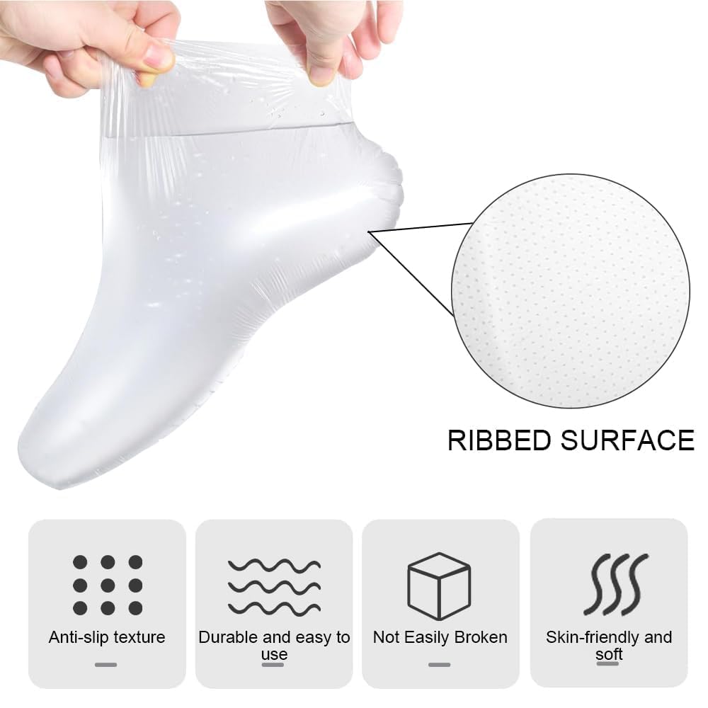 Disposable waterproof plastic foot liners with adhesive stickers