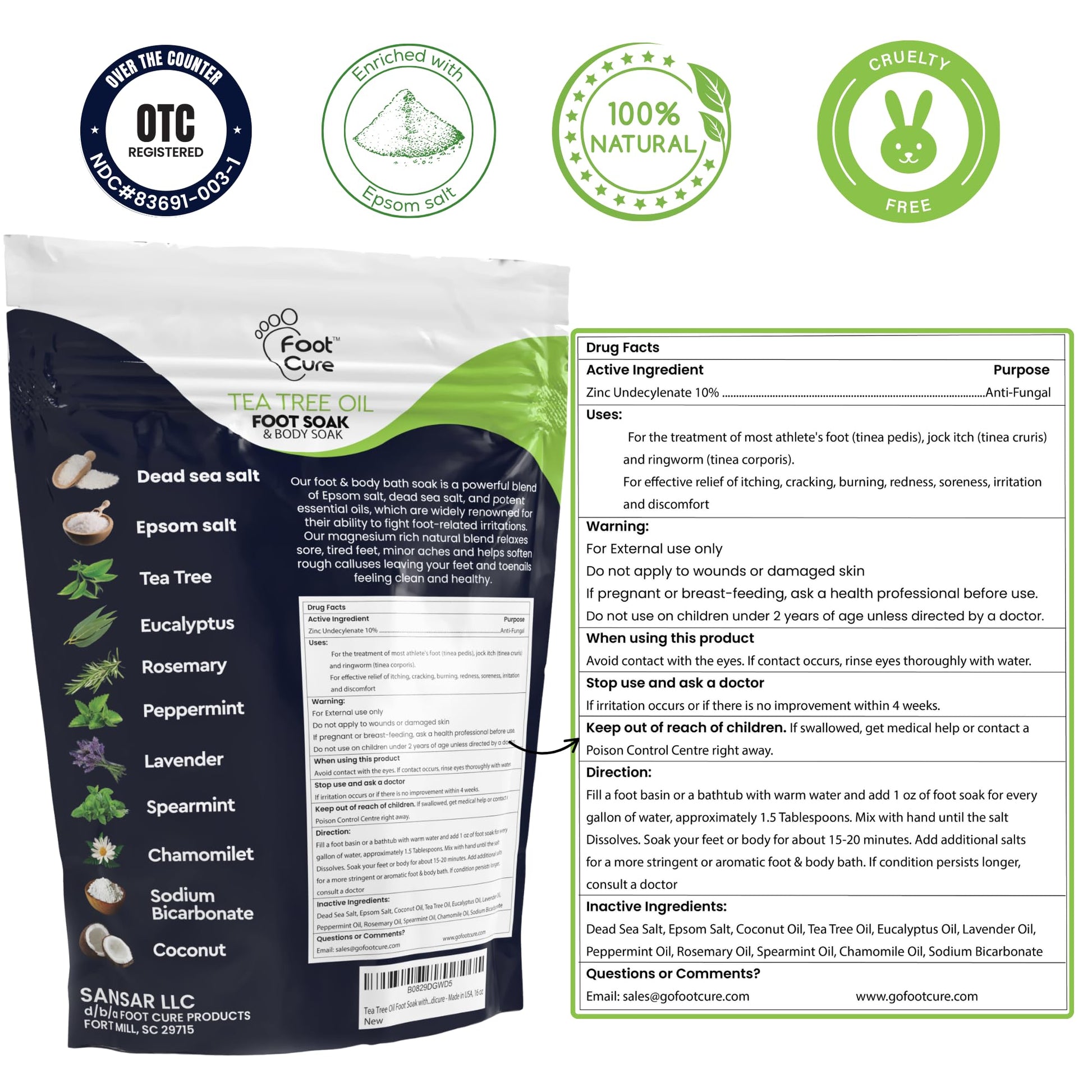 Foot Cure Epsom salt blend container highlighting natural botanical ingredients list