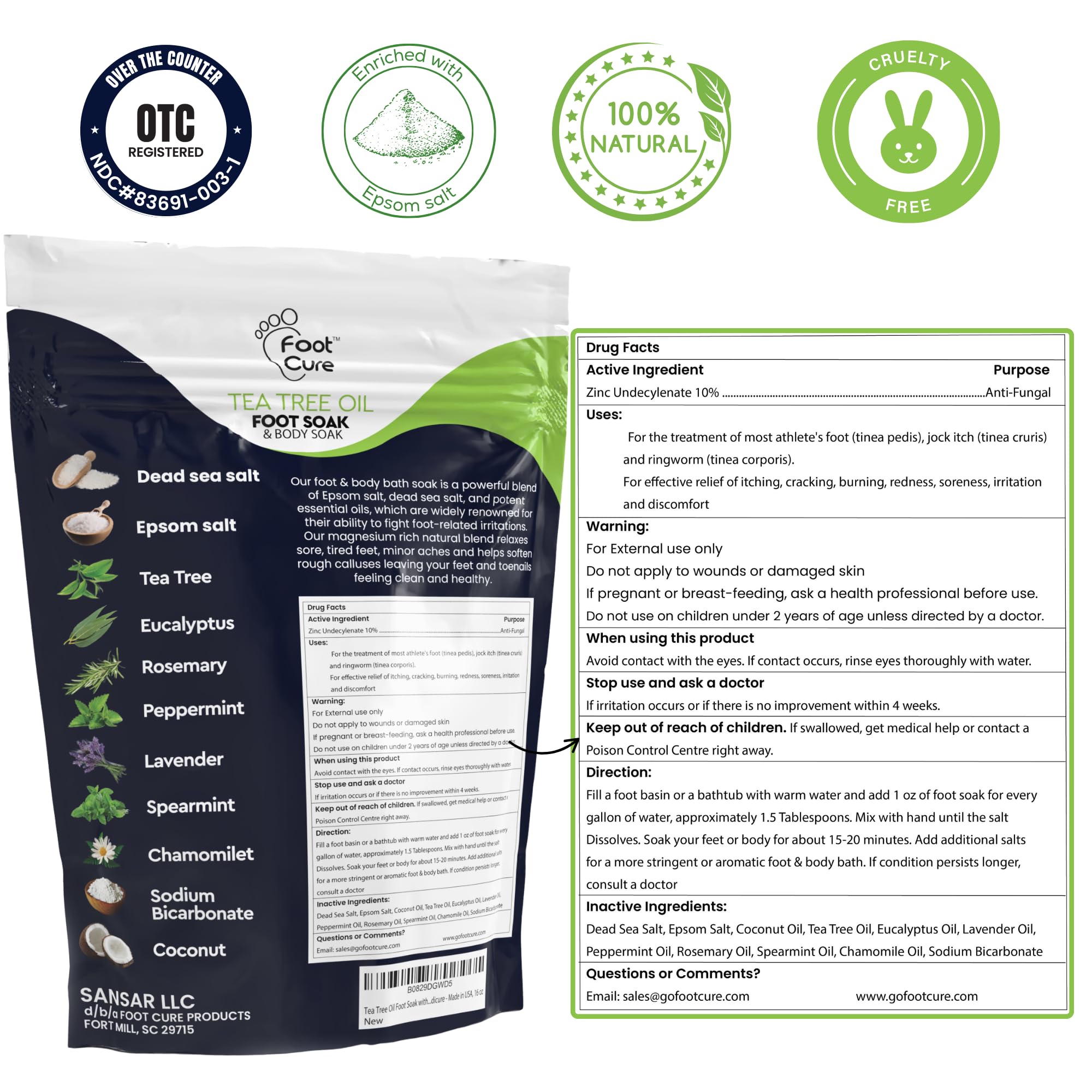 Foot Cure Epsom salt blend container highlighting natural botanical ingredients list