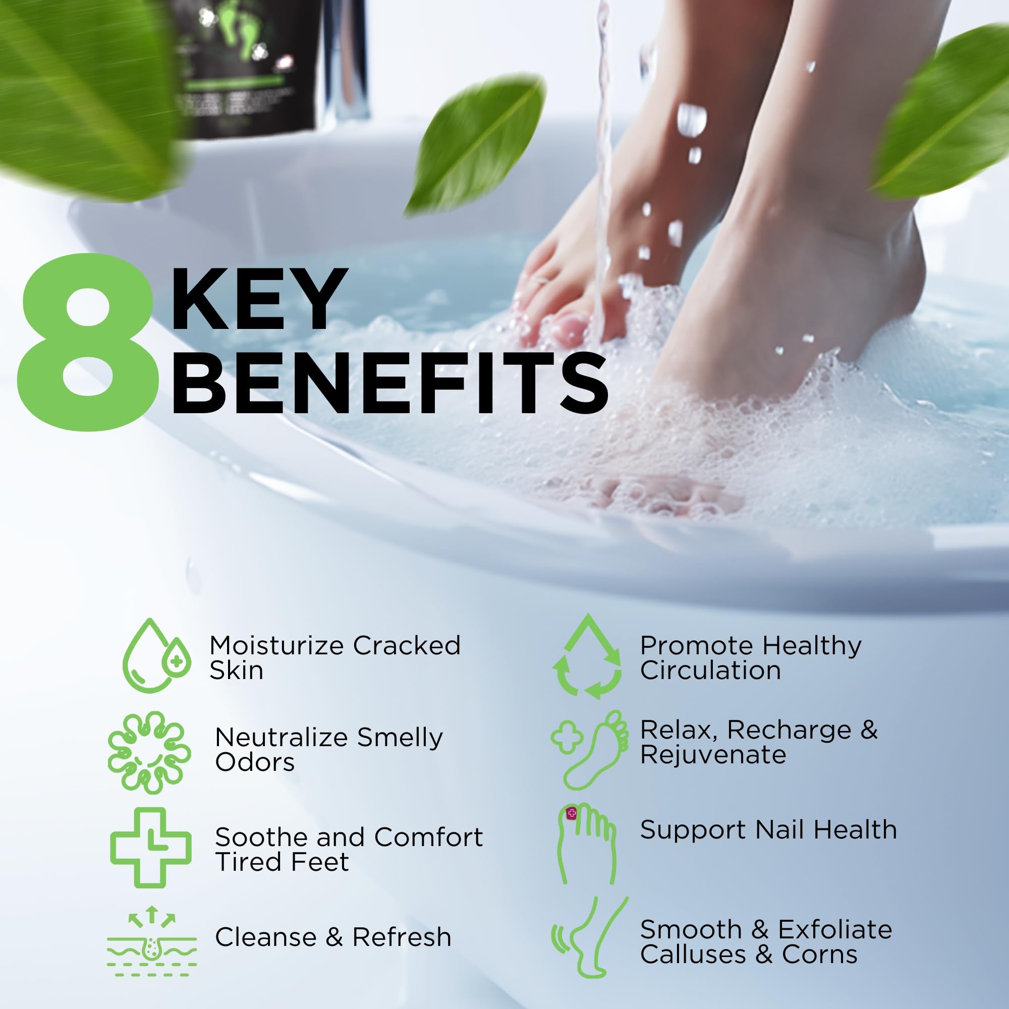Authentic USA imported tea tree oil foot bath salt packaging displayed on a bathroom counter