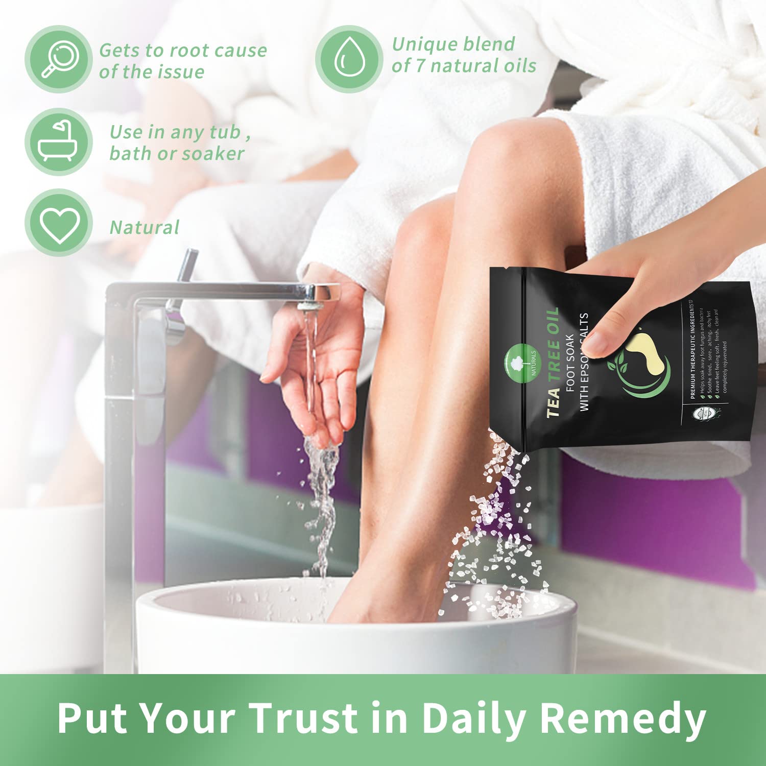 Person using Foot Cure foot soak in a basin