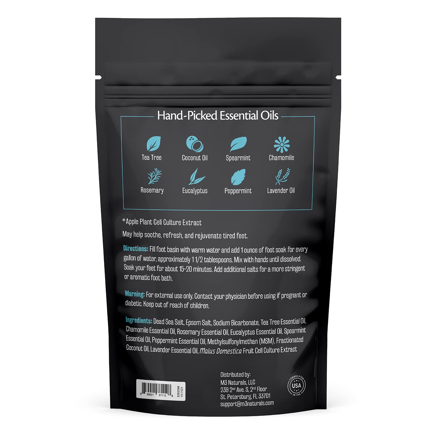 M3 Naturals foot spa salt blend featuring Epsom salt crystals close up view