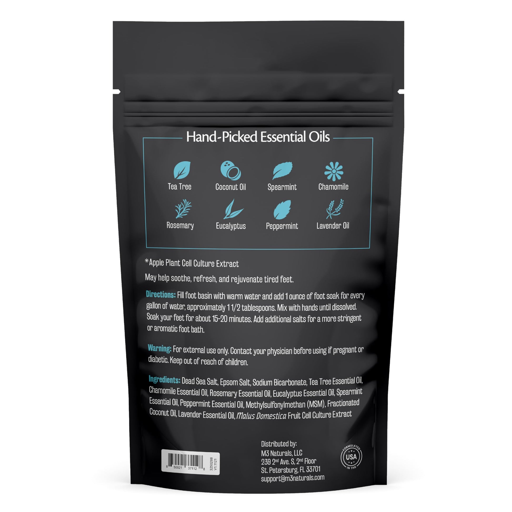 Therapeutic foot soak bag showing stem cell technology details on label