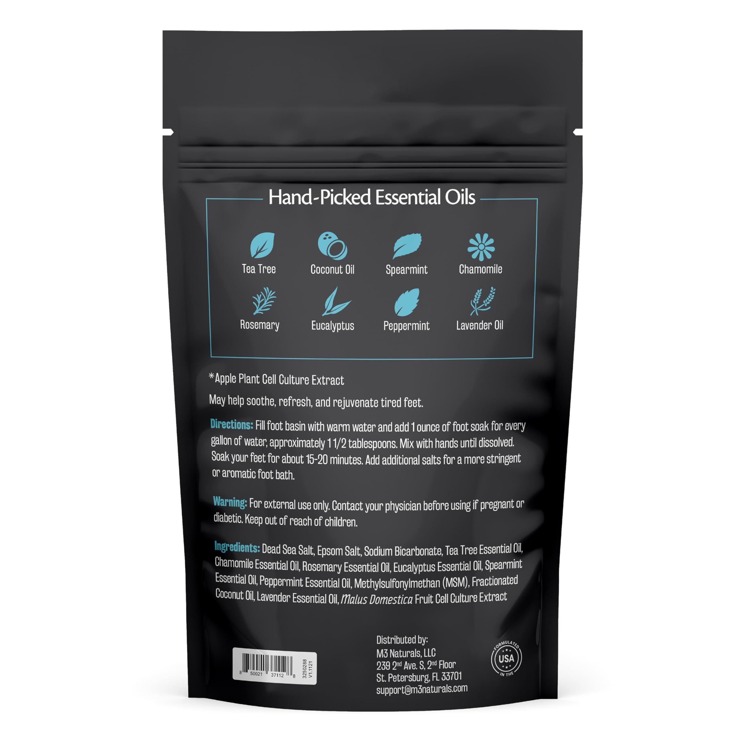 Therapeutic foot soak bag showing stem cell technology details on label