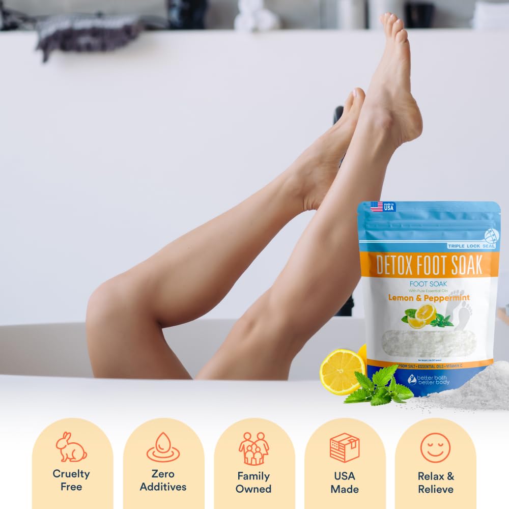 Back label view of Better Bath Better Body foot soak showing natural ingredient list