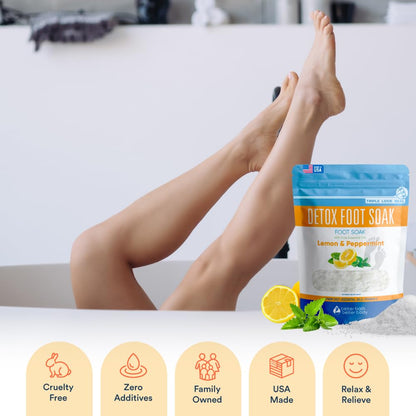 Back label view of Better Bath Better Body foot soak showing natural ingredient list