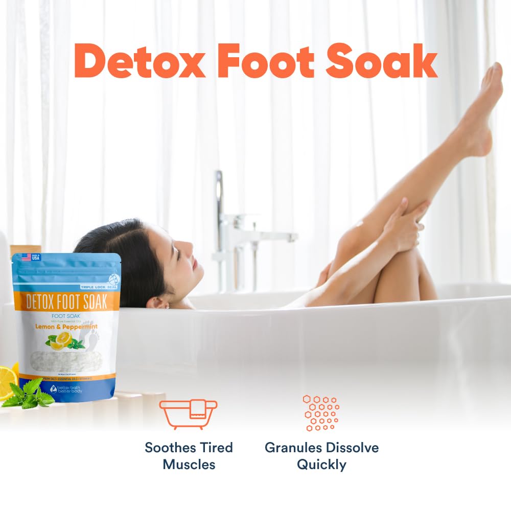 Better Bath Better Body natural detox foot soak bag highlighting lemon and peppermint ingredients