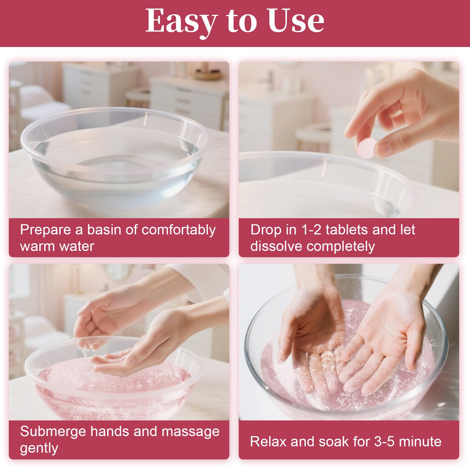 Hands soaking in water with Spa Redi rose pedicure tablets