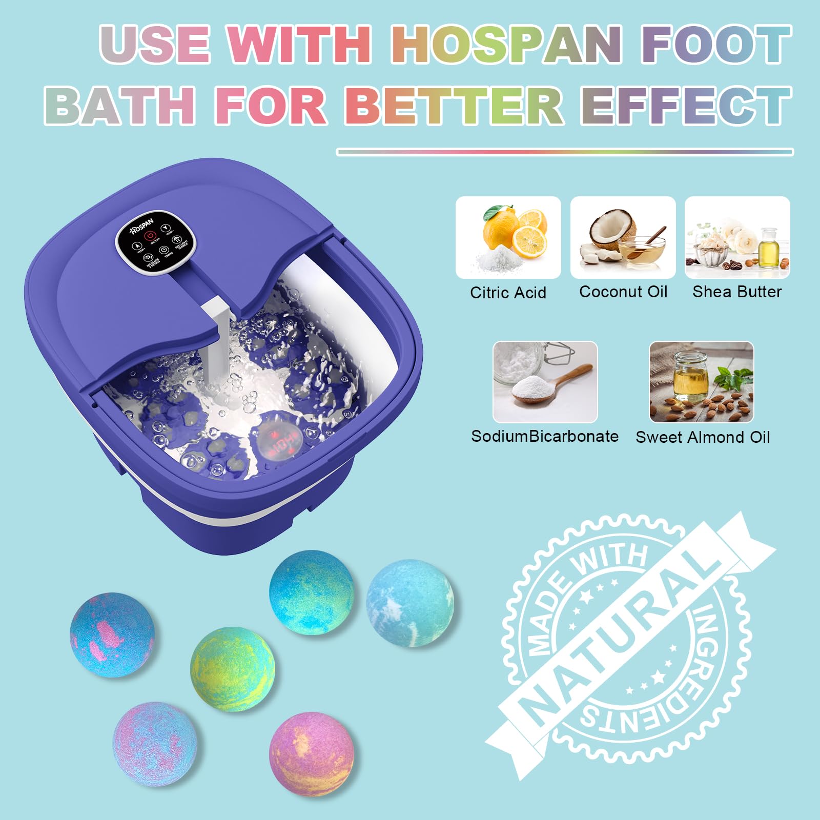 Fizzy bath bomb dissolving in a foot basin with bubbles