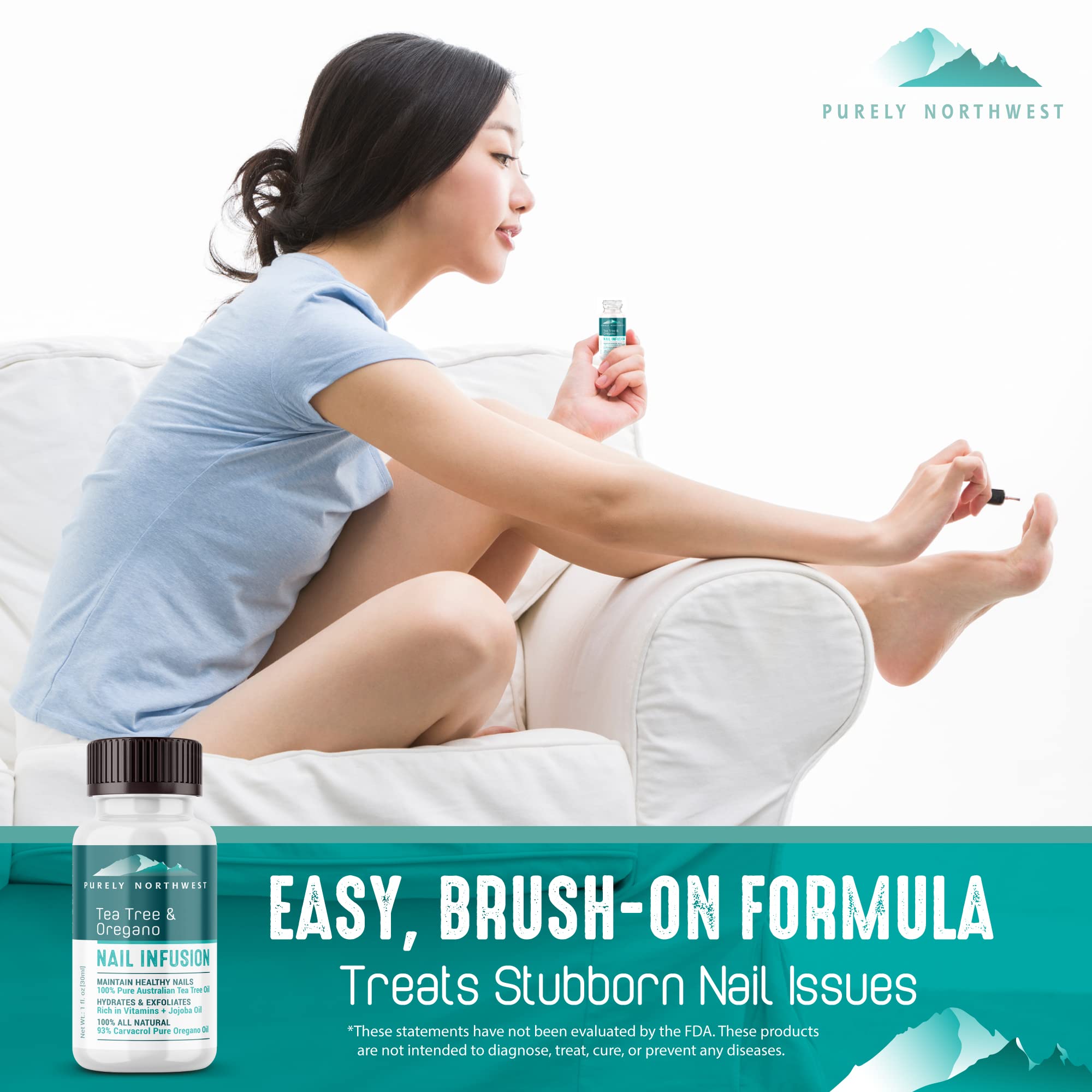 Concentrated tea tree nail repair blend bottle with dropper for damaged toenail application