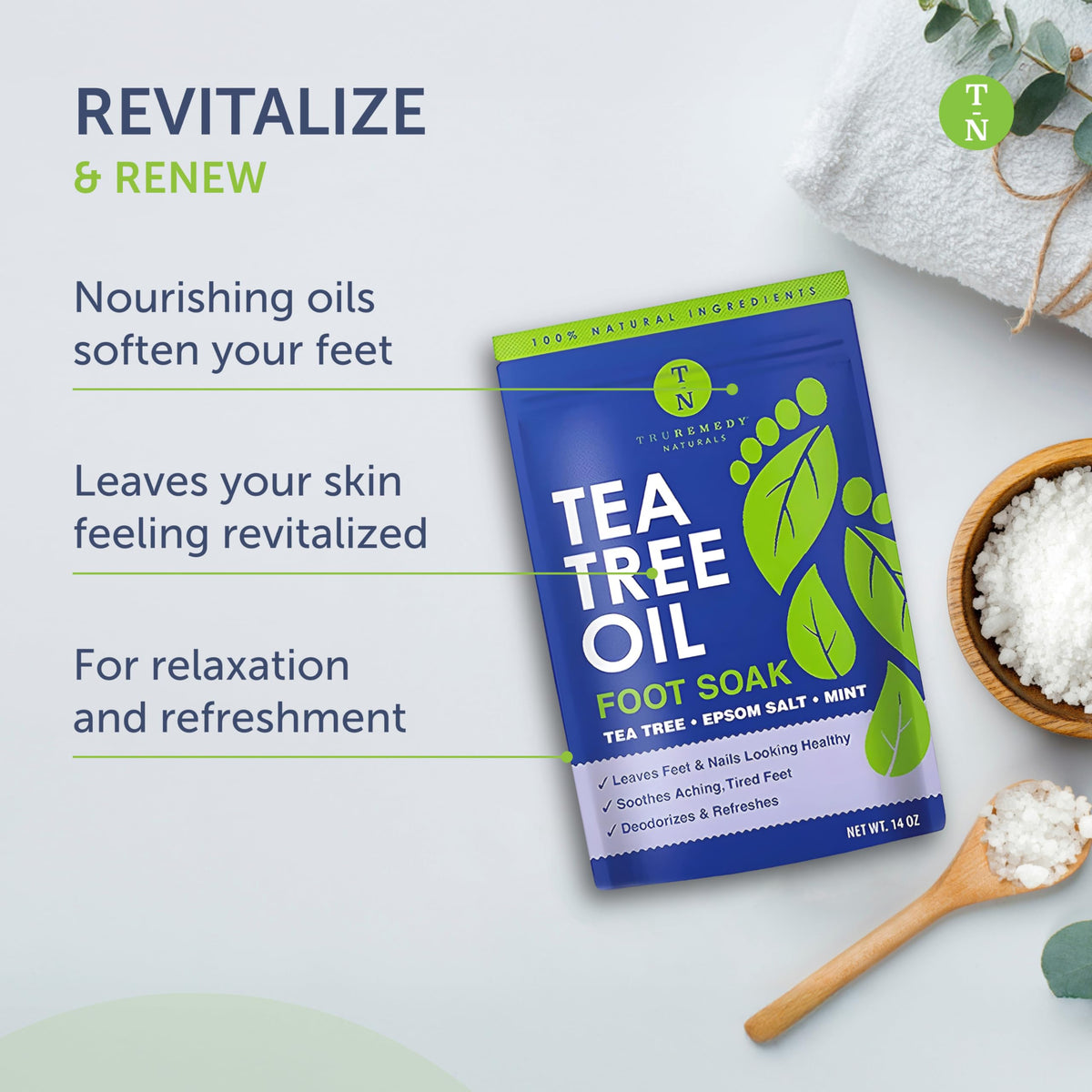 Side profile view of Truremedy Naturals foot care packaging