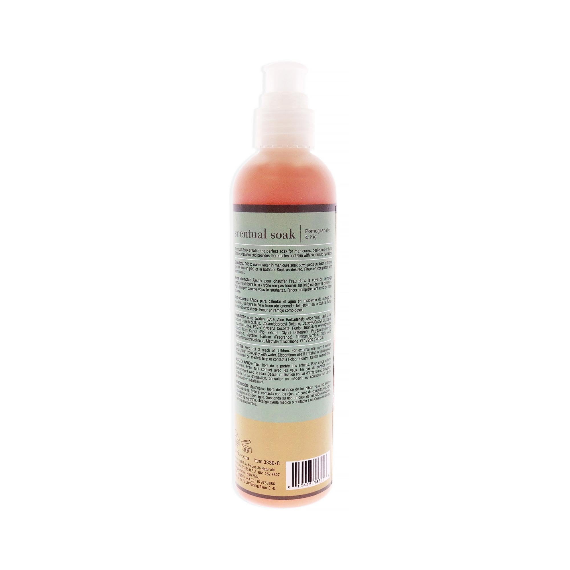 Back label of Cuccio Naturale Scentual Soak showing official product ingredients and usage directions for manicure pedicure preparation.