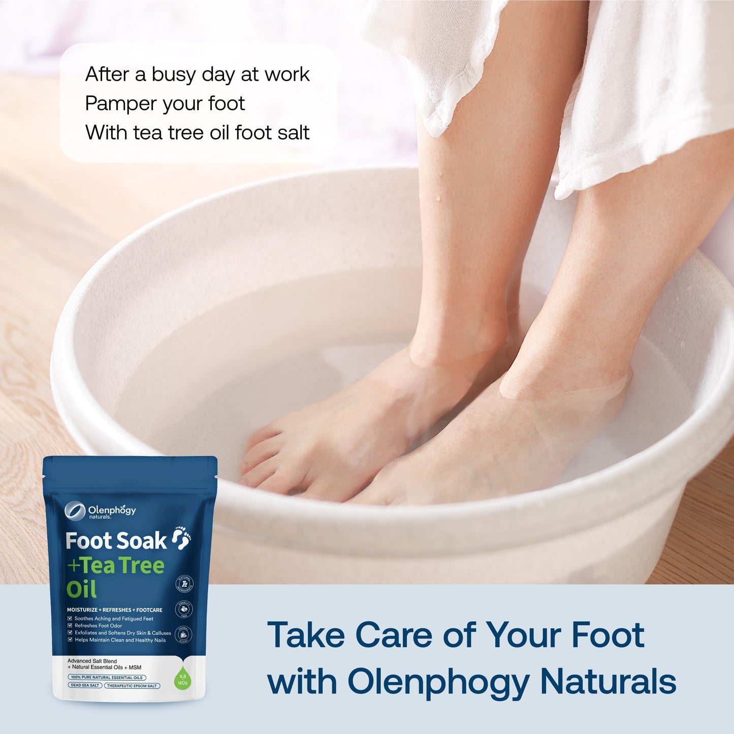 Soaking feet in Olenphogy Tea Tree Oil and Epsom salt bath