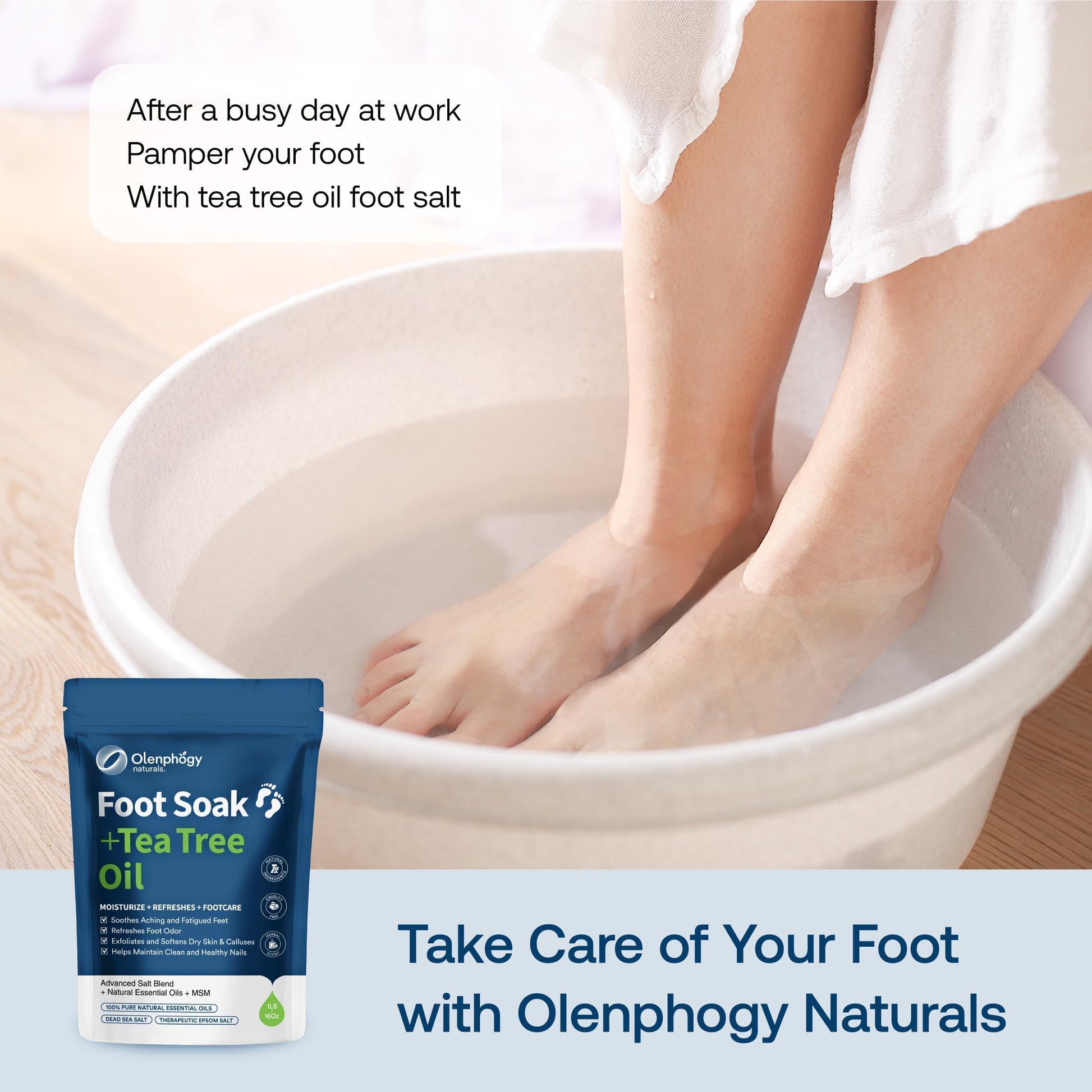 Soaking feet in Olenphogy Tea Tree Oil and Epsom salt bath
